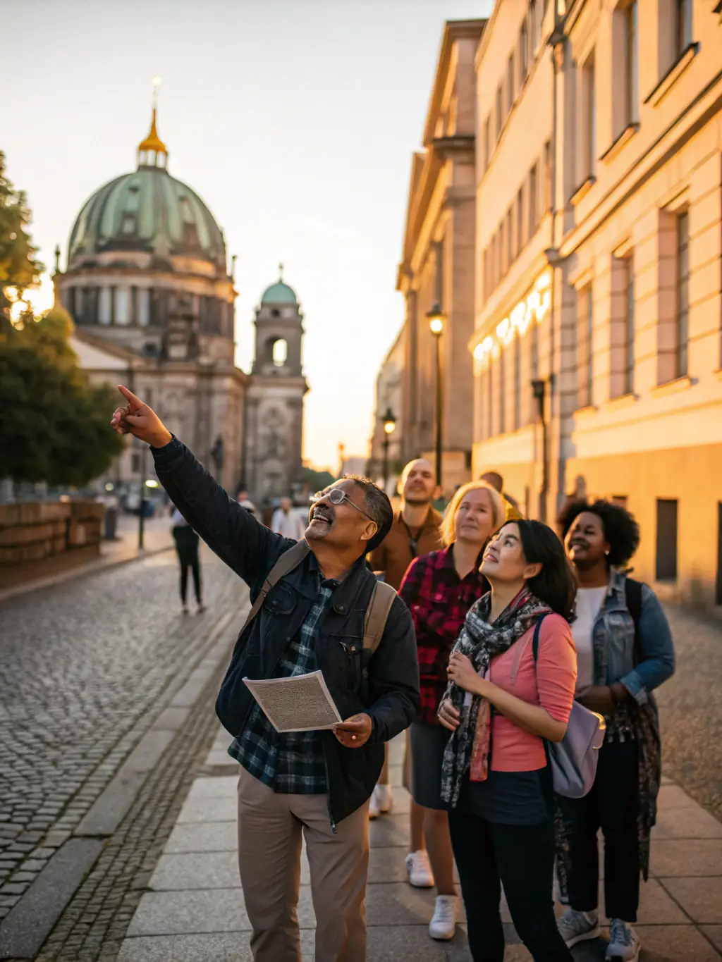 A scenic shot of a guided tour led by LUGARDESPACE, exploring historical landmarks and sharing stories of the region's past with enthusiastic participants.