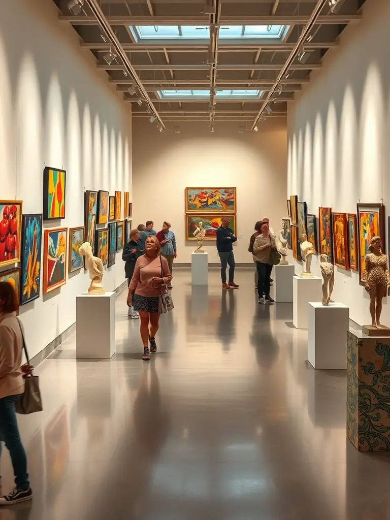 A vibrant image of an art exhibition showcasing local artists' interpretations of the region's cultural heritage, held at the LUGARDESPACE gallery.