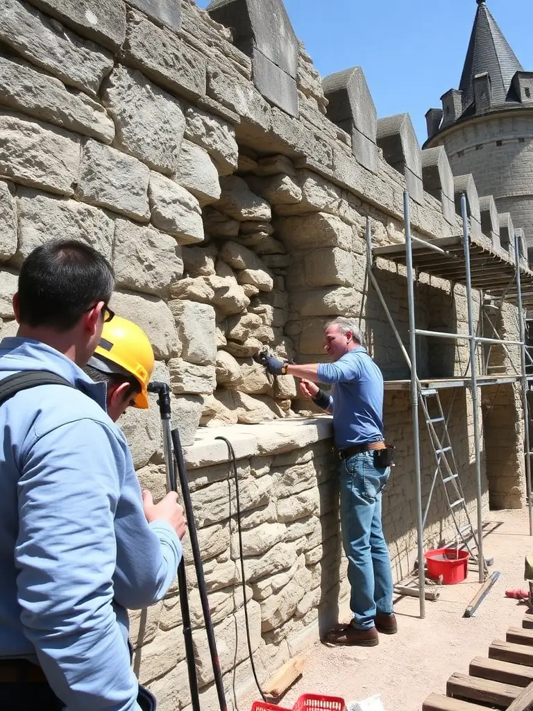 A picture of volunteers working on the restoration of a historical building in Lugarde, showcasing community involvement in preserving local heritage.